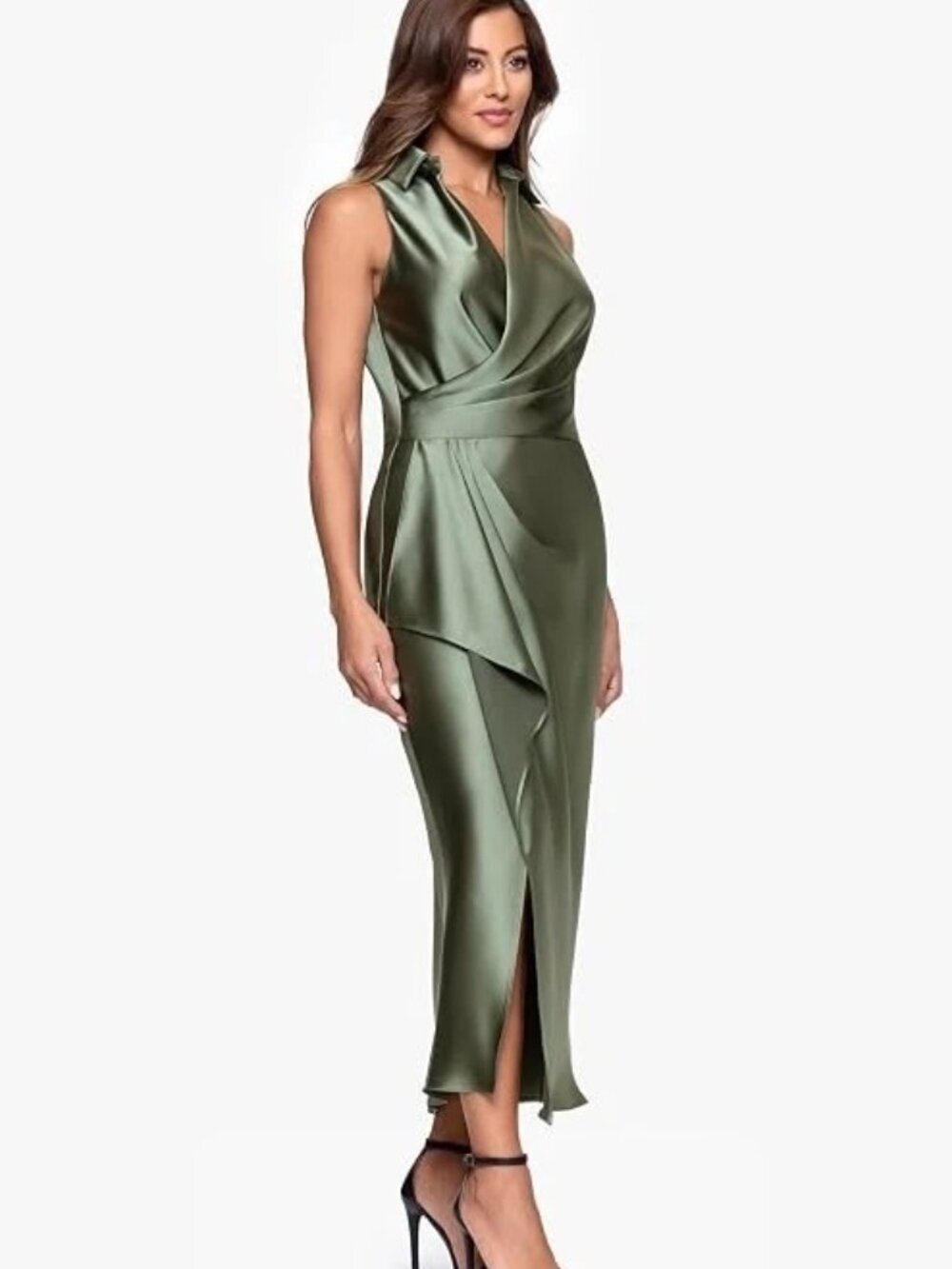 Xscape Olive Green Sleeveless Collard Satin Dress